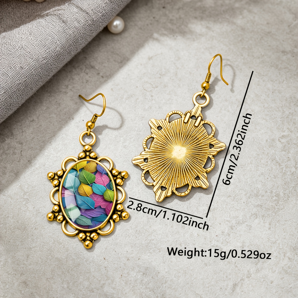 Colorful Leaf-Patterned Oval Earrings, Unisex Gift